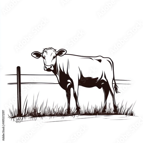 Cow grazing pasture fence farm illustration