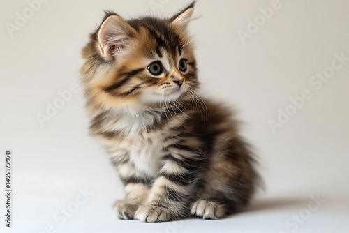 Cute small kitten, fluffy, sitting on white background, full-body shot, high resolution.