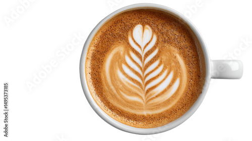 Latte Art: A close-up of a beautifully crafted latte, adorned with intricate leaf-shaped art, representing the perfect fusion of artistry and caffeinated delight. 