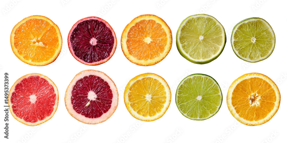 Obraz premium Vibrant Citrus Symphony: A close-up shot of various citrus fruits sliced open. Showcasing the vibrant colors and textures of nature's bounty, offering a fresh, zesty visual delight.