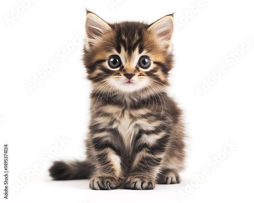 Cute small kitten, fluffy, sitting in full-body pose, white backdrop, sharp focus, clear detail.