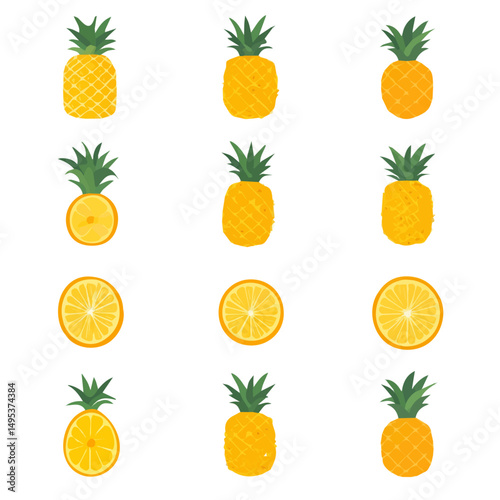 My Simple flat 2D icon pineapple fruit set isolated on a white background, vector, vector, flat design, animation design, simple flat 2D icon, minimalist design, vector design