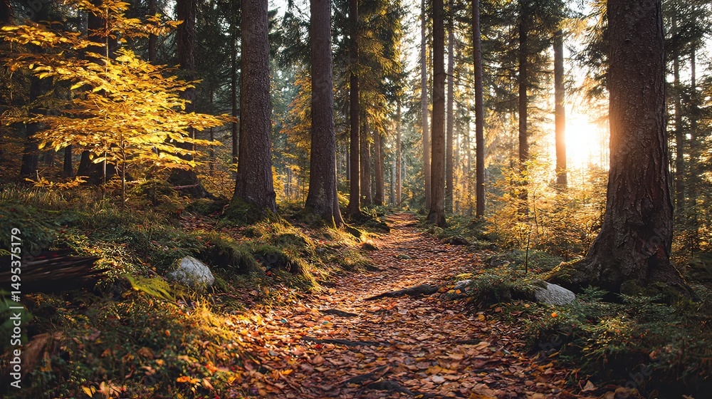 Fototapeta premium Autumn hiking adventure enchanted forest nature photography serene environment low angle tranquility and beauty