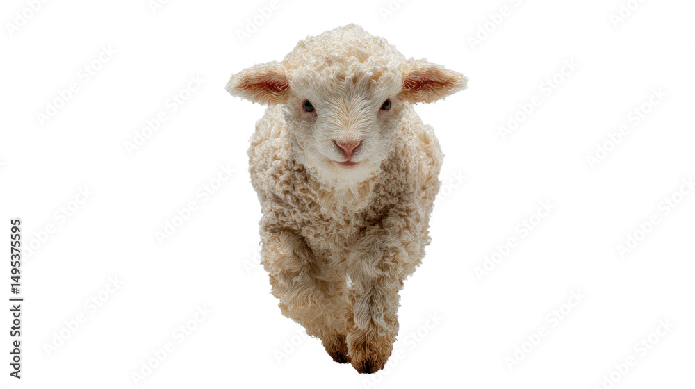 Fototapeta premium Fluffy Lamb: A charming close-up of an adorable lamb, its soft woolly coat and innocent gaze capturing hearts, embodying purity and gentleness.