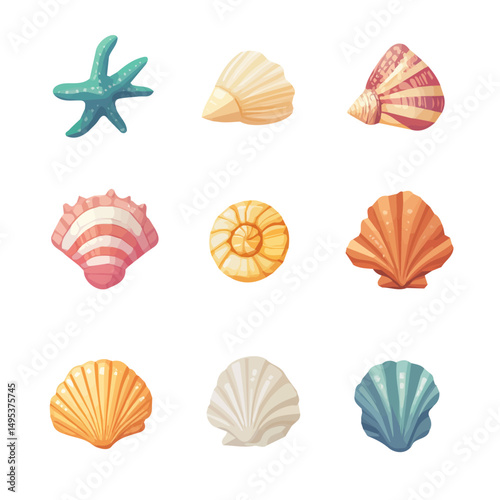 My Simple flat 2D icon, seashells set isolated on a white background, vector, vector, flat design, animation design, simple flat 2D icon, minimalist design, vector design, eps
