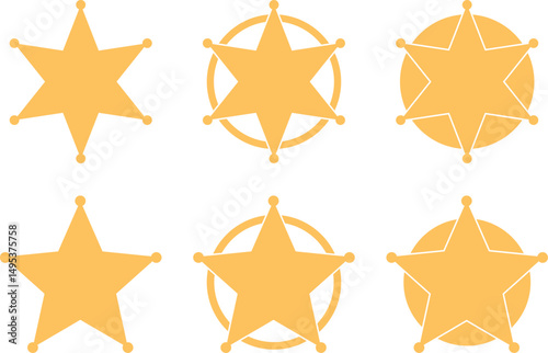 Sheriff star badge yellow flat icon set. Security Police symbol isolated on transparent background. Retro vintage sheriff star vector illustration.
