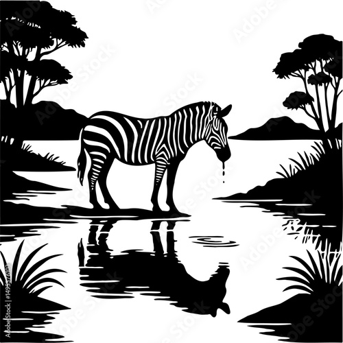 vector illustration of zebra silhouette drinking at a lakeside