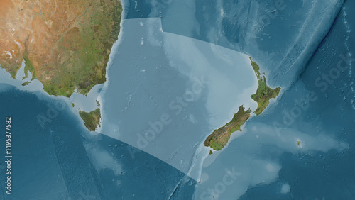 Tasman Sea highlighted. Satellite map