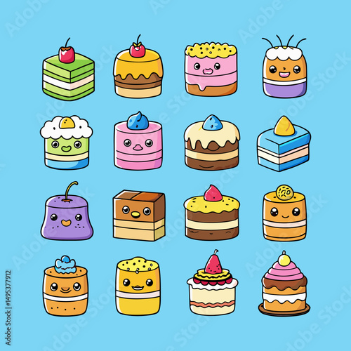 Colorful Assortment of Cartoon Style Cake Slices With Various Decorations