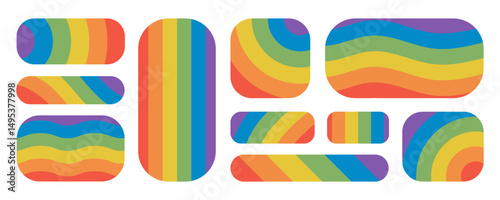 Rainbow rectangle label stickers collection. Rectangular Striped colorful frames for Pride, love, equality, diversity, inclusion, LGBTQ support. Icons for LGBT themes, social media, cards, posters
