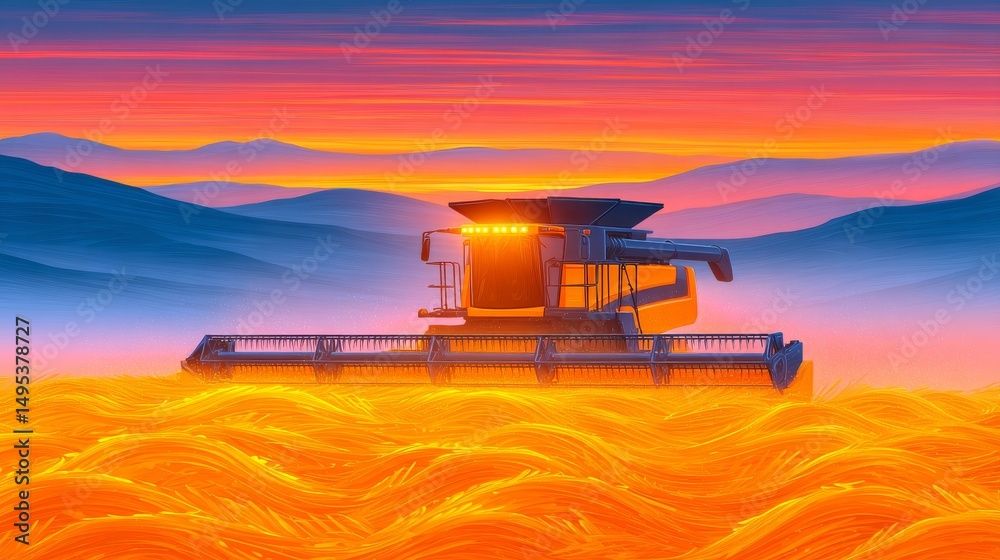 Fototapeta premium A massive wheat farm in the United States features modern combine harvesters operating in unison beneath a vibrant golden sunset, highlighting large-scale commercial farming for international food