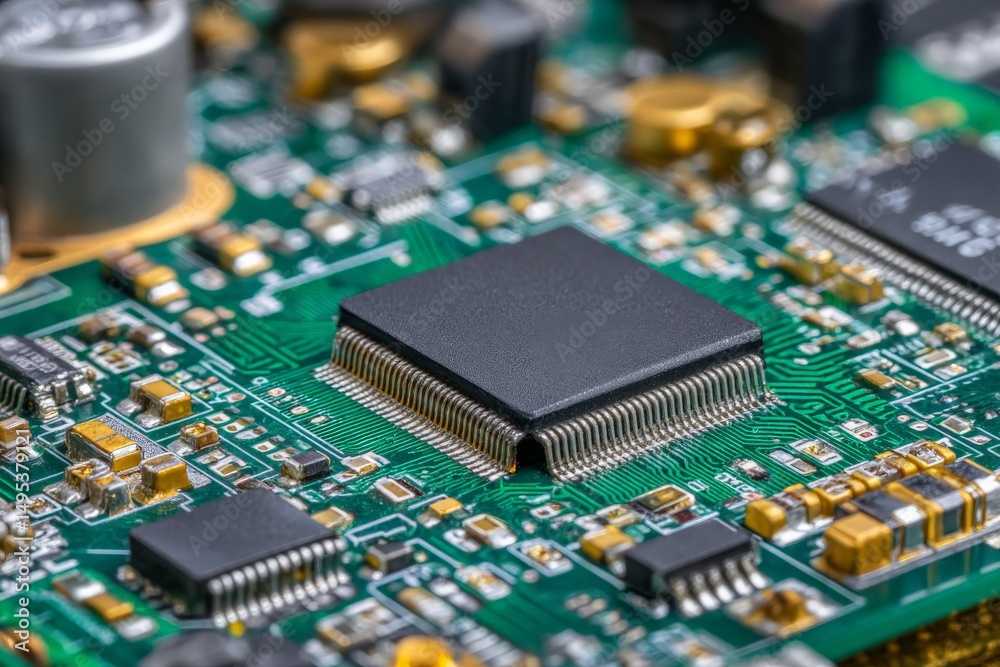 Close-up view of a complex circuit board showcasing intricate components and microchips in a technological setting Close-up view of a complex circuit board showcasing intricate components and microchips in a technological setting