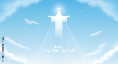 Jesus Ascending to Heaven Amidst Clouds on Happy Ascension Day, Spiritual Light Rays, Sky Background