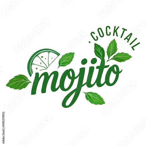 Mojito Handwritten Logo with Mint, Lime, and Ice – Vector Graphic for Labels or Print