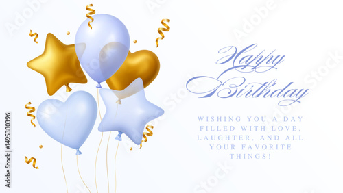 3d  Balloon Happy Birthday Day Boy Party Baby Shower Blue Gold Confetti Gift Ball Balloons Vector Invitation