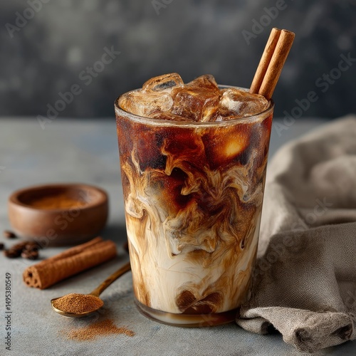 Iced coffee with a twist of cinnamon, artistically styled in a clear cup