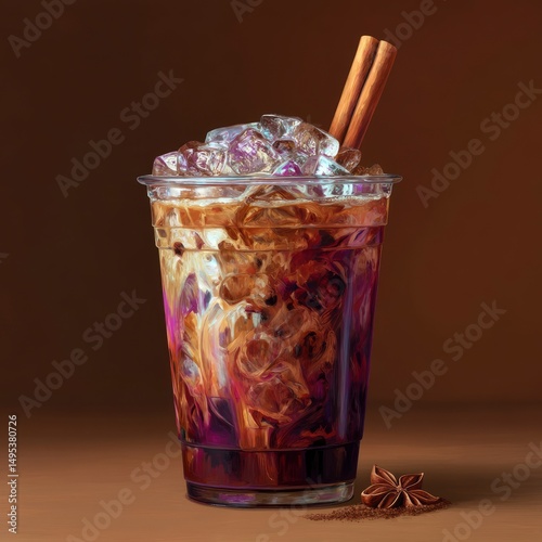 Iced coffee with a twist of cinnamon, artistically styled in a clear cup