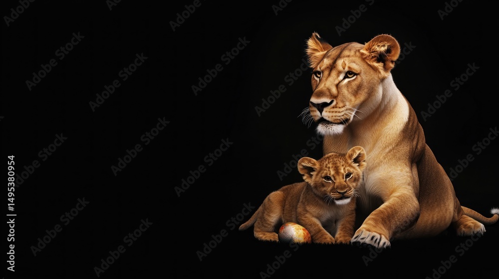 Obraz premium Lioness and cub on black background; wildlife documentary