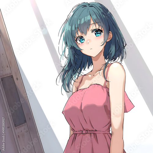 Preciosa chica de pelo azul y precioso vestido rosa, que mira al frente desde una perspectiva interesante