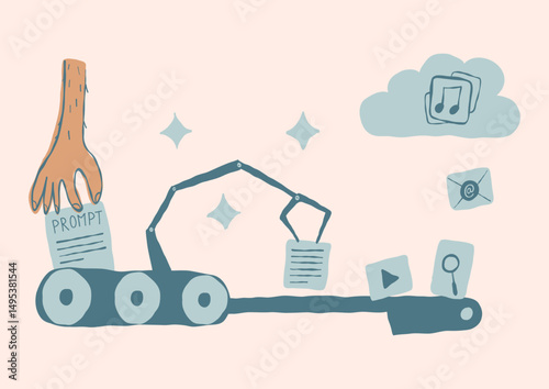 A hand-drawn vector illustration of a human hand prompting an AI agent who is executing tasks