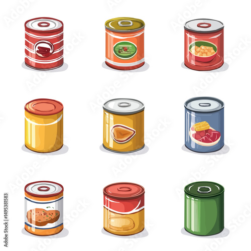 My very Simple flat 2D icon, canned food set isolated on a white background, vector, flat design, animation design, simple flat 2D icon, minimalist design, vector design, eps format
