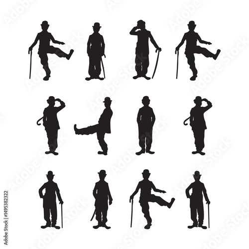  Silhouettes of Vintage Male Figures charlie chaplin Posing in Various Humorous and Iconic Stances