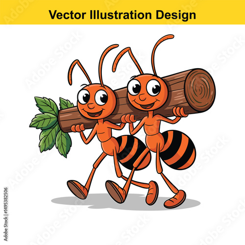 Two cartoon ants carrying a large log teamwork illustration