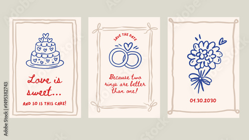 Doodle Wedding Sketch Card Set Love Romantic Hand Drawn Chalk Greeting Banner Vintage Vector Save The Date Rings Bouquet Cake Event