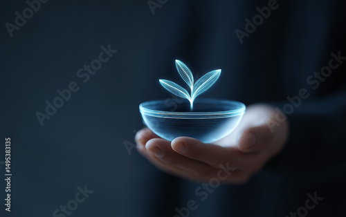 Business people hold green plants, providing the concept of sustainable development for social governance