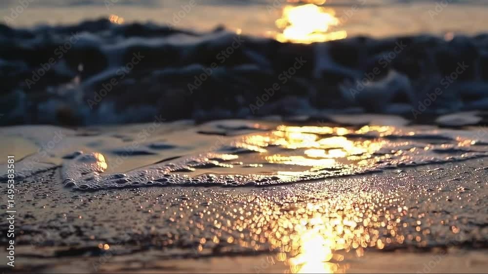 The smooth waves of the ocean at sunset, the foaming water on the sand, the golden reflections of the sun
