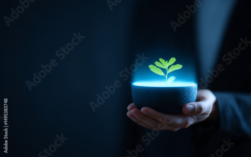 Business people hold green plants, providing the concept of sustainable development for social governance