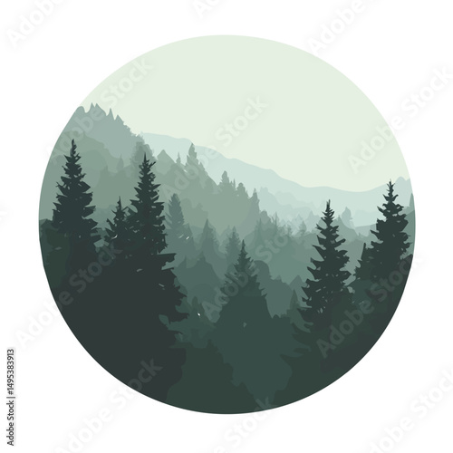 My very Simple flat 2D icon, circle foggy forest painting isolated on a white background, vector, flat design, animation design, simple flat 2D icon, minimalist design, vector design, eps format