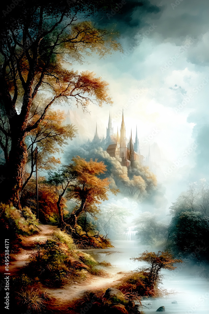 Fototapeta premium Majestic fantasy castle in the clouds viewed from an autumn forest path beside a tranquil river