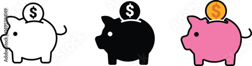 Piggy bank icon. Piggy bank saving money icon in different style. Baby  piggy bank outline, fill and clipart. vector illustration