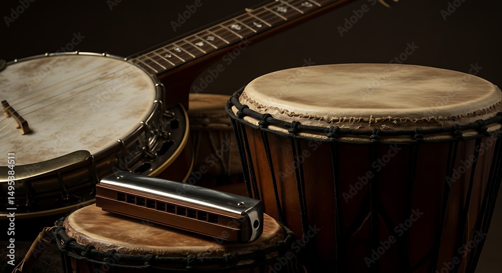 Obraz premium Intimate Still Life: Harmonica, Banjo & Djembe Drums Displayed in Warm, Moody Lighting for Musical Inspiration and Cultural Appreciation, Expressive Storytelling