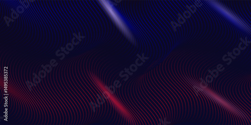 Abstract cg blue red and wave texture with glowing defocused particles. Cyber or technology digital landscape background. 3d rendering