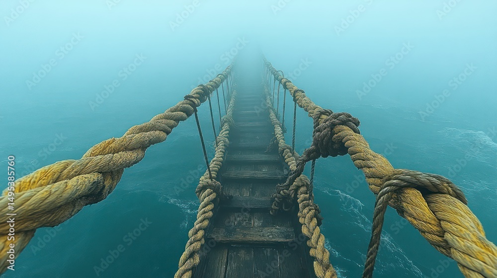 Fototapeta premium Misty rope bridge over churning water