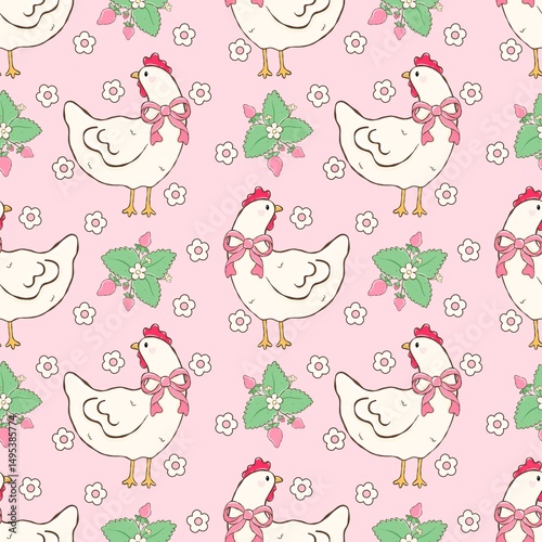 Canvas Print Charming Chicken Blossom Pattern