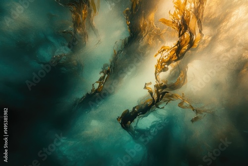 Sunlit kelp forest underwater, ethereal golden brown seaweed swaying in ocean currents, a breathtaking view.