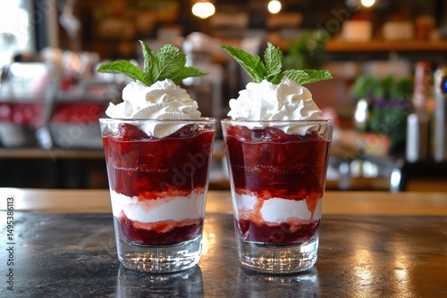 Strawberry dessert layered with whipped cream in a glass. photo