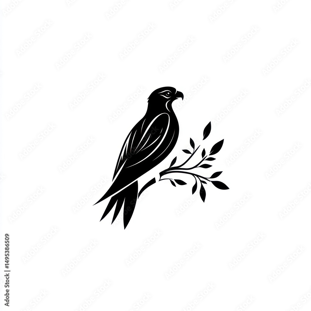 Fototapeta premium Majestic falcon perched on branch, nature background, wildlife illustration