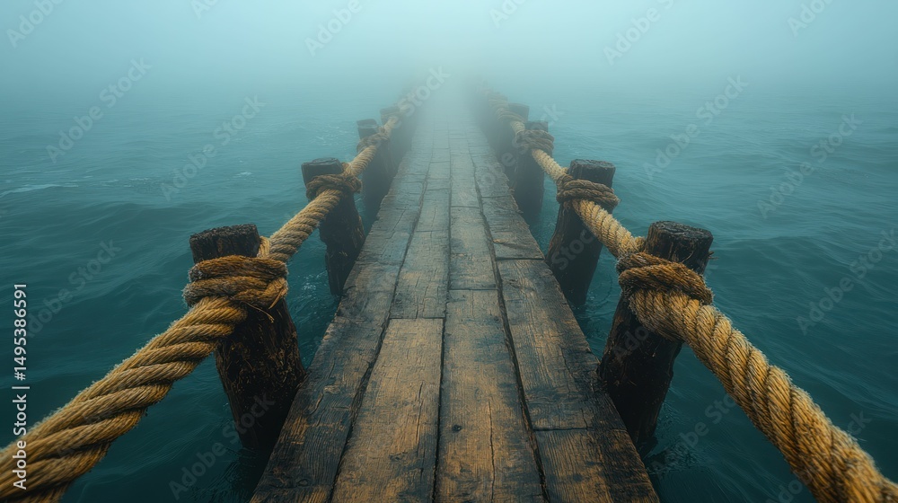 Fototapeta premium Misty wooden dock leads into fog