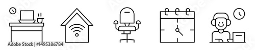 Conjunto de iconos de oficina en casa. Teletrabajo, conectividad y productividad remota. Escritorio con computadora, casa con wifi, silla ergonómica, calendario horario, persona con audífonos