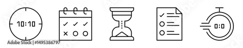 Conjunto de iconos de organización del tiempo. Gestión, planificación y control de actividades. Reloj puntual, calendario marcado, reloj de arena, lista de tareas, cronómetro. Ilustración vectorial