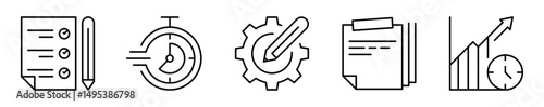 Conjunto de iconos de herramientas de productividad. Organización, eficiencia y mejora del rendimiento. Lista de tareas, cronómetro veloz, configuración, notas múltiples, gráfica creciente