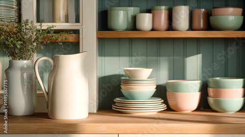 Wallpaper Mural A close-up of pastel bowls stacked neatly beside a white ceramic jug on a pale wood countertop, soft side lighting giving delicate highlights and shadows 94439187 1 Torontodigital.ca