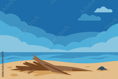 driftwood strewn beach with distant thunderclouds  