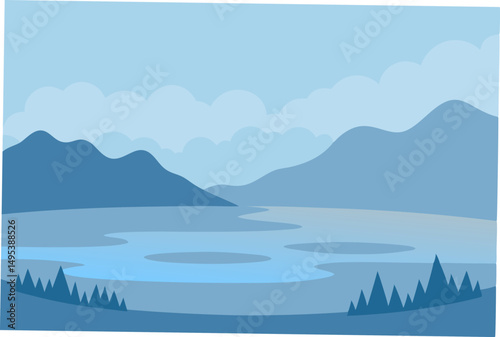 flat lake with fog rolling across the surface  .svg