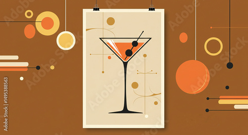 Mid century modern cocktail art on brown geometric background for wall decor