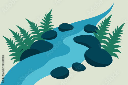 flowing stream bordered by smooth stones and ferns 